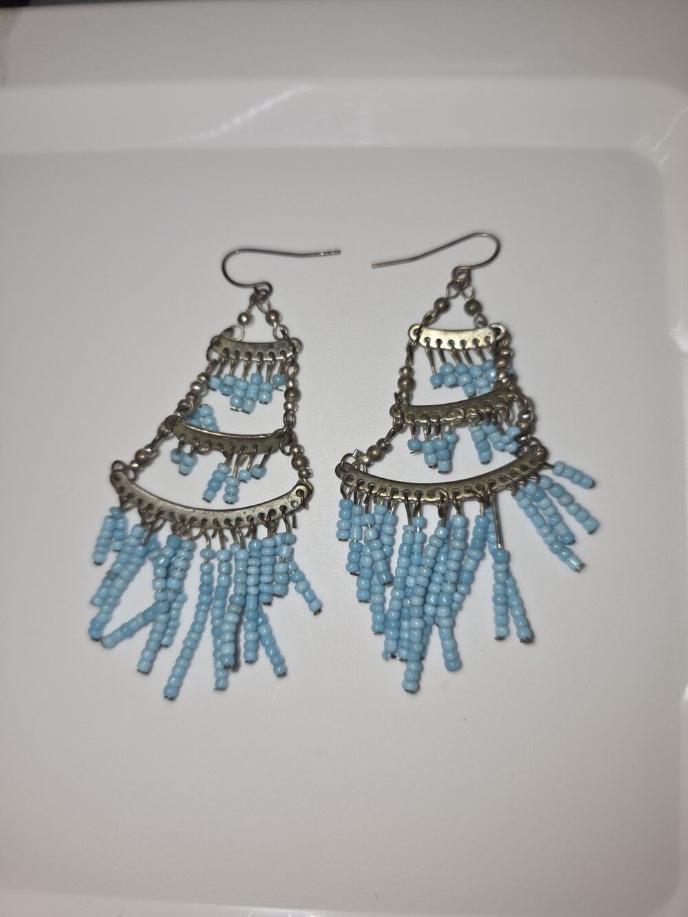 Vintage Blue Beaded Chandelier Earrings